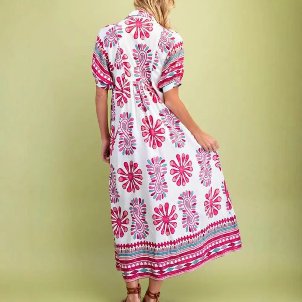 Robe chemise mi-longue imprimée Vintage pour femmes, manches courtes, élégante, bureau, ligne a, robes de plage, nouvelle tendance, été