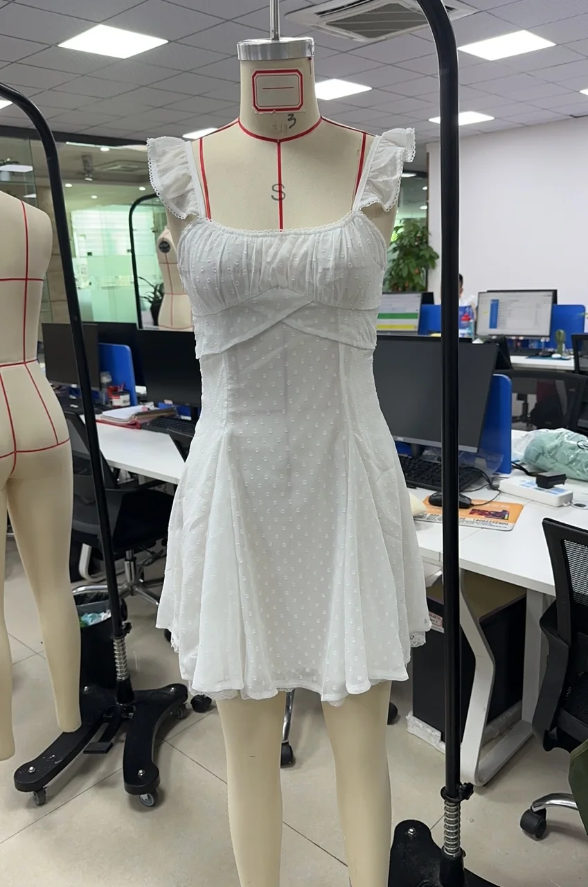 Women Mini Cami Dress Dot Pattern Square Neck Flutter Sleeve Open Back Tie-up A-line Short Dress for Daily Party