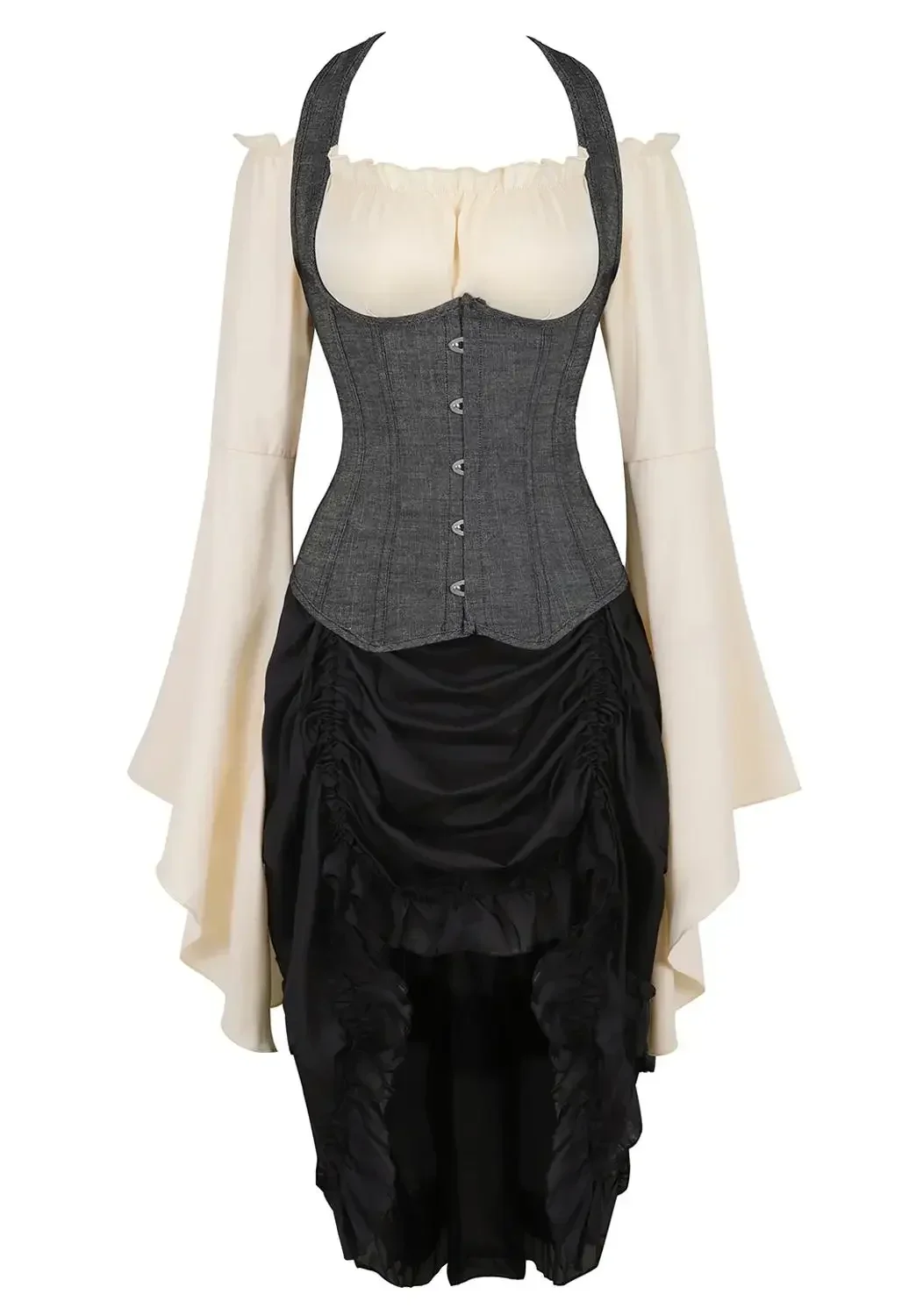 

Corset with Pirate Skirt and Blouse Denim Bustier Lace Up Boned Corsage Straps Corsetto Carnival Party Outfit Steampunk Costumes