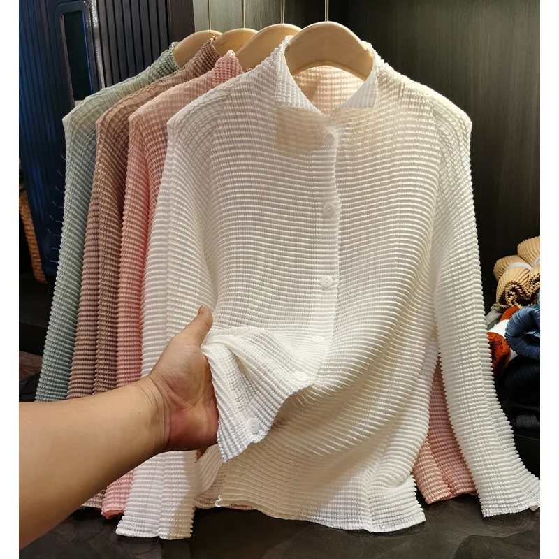 Miyake Folds New 2025 Japanese Corn Grain Shirt Female Fashion Thin Single-breasted Long-sleeved Cardigan with Sun Shirt