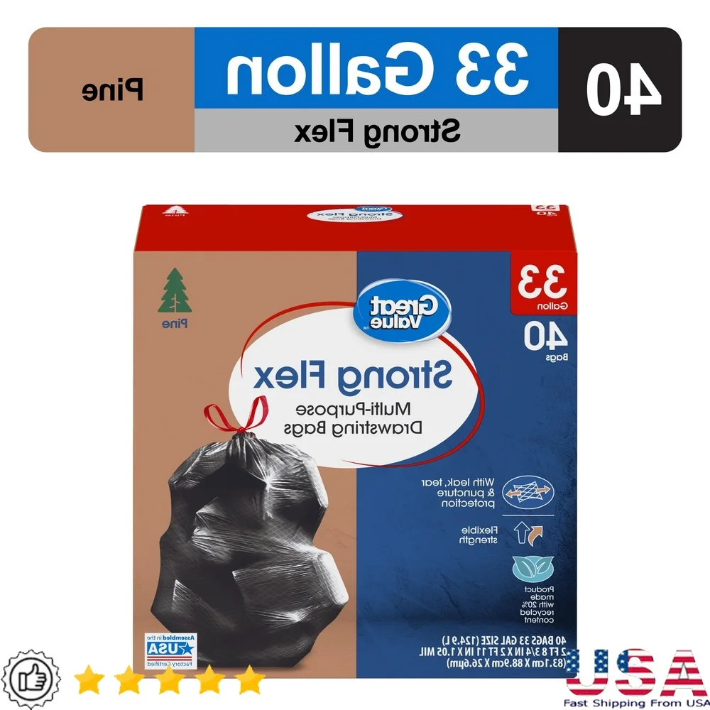 

Strong Flex Multi-Purpose Trash Bags 33 Gallon Drawstring Closure Pine Scented Kitchen Bags 40 Count Durable Tear Resistant