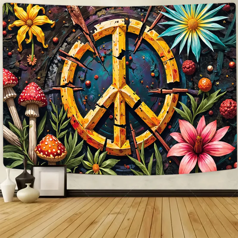 

1pc Wall Tapestry Peace Sign Tapestry with Floral and Mushroom Design, Boho Wall Hanging Decor