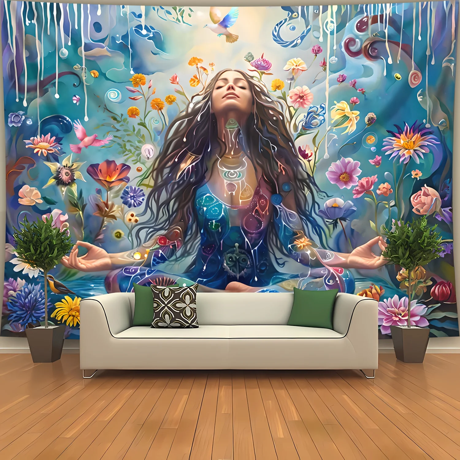 VIKAMA Meditations-Wandteppich mit Blumenmotiv, künstlerische Dekoration für Wohnzimmer, Sofa, Wanddekoration, Raum und Gästehaus, hängende Verzierung