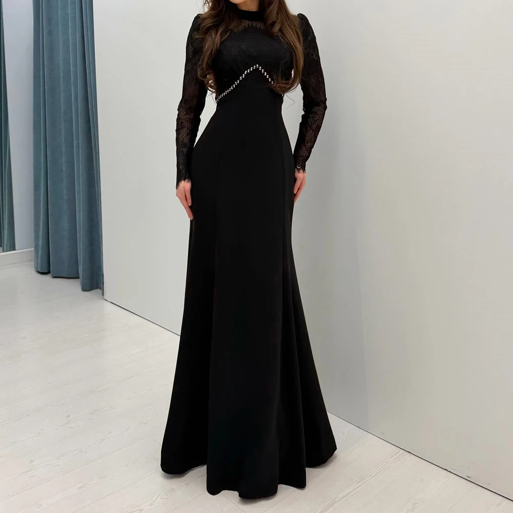 

Women's A-line Evening Dresses Floor-length High-neck Full Sleeve Prom Gown Fashion Lace Crystal Simple Draped Customized Gowns