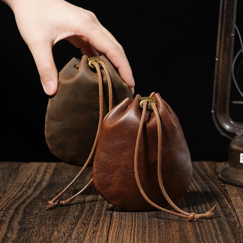 Portable Leather Drawstring Pouch Genuine Leather Nordic Style Coin Holders Retro Earphone Storage Case Coin Jewelry Storage