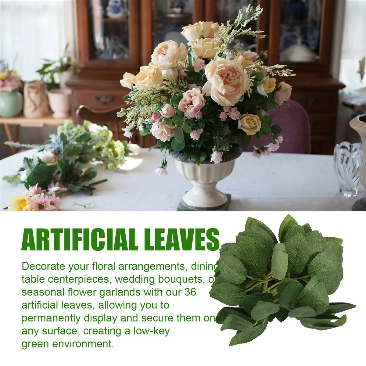 AA77 NEW Fake Artificial Leaves for Roses Decorations - 36 Silk Green Roses Flowers Leaf with Realistic Vines Flexible Stems
