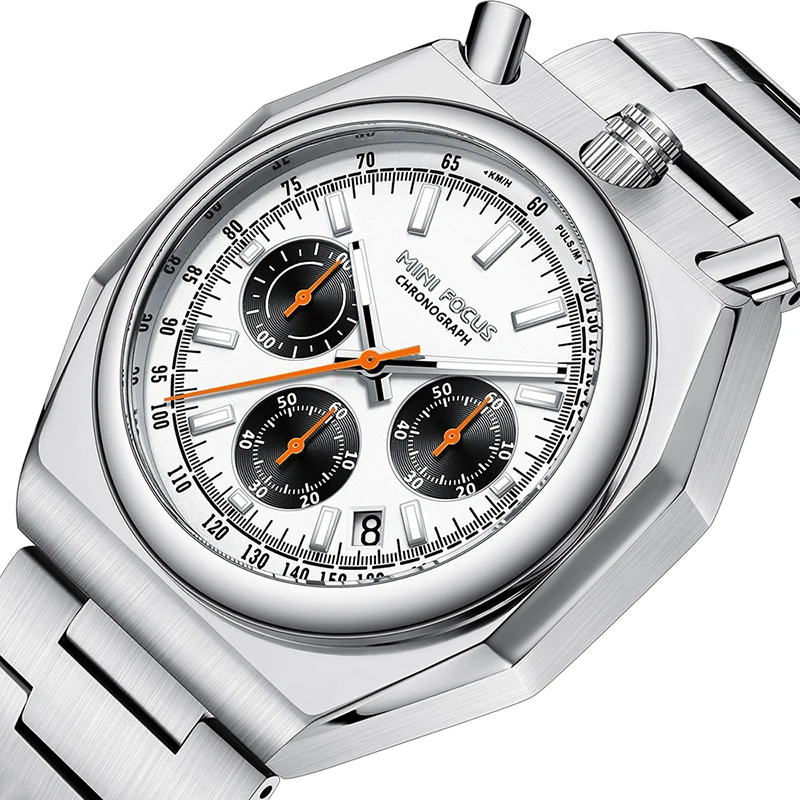MINI FOCUS MF0601G Luxury Men Quartz Watch Waterproof Chronograph Stainless Steel Band Luminous Hand Classic Bullhead Wristwatch