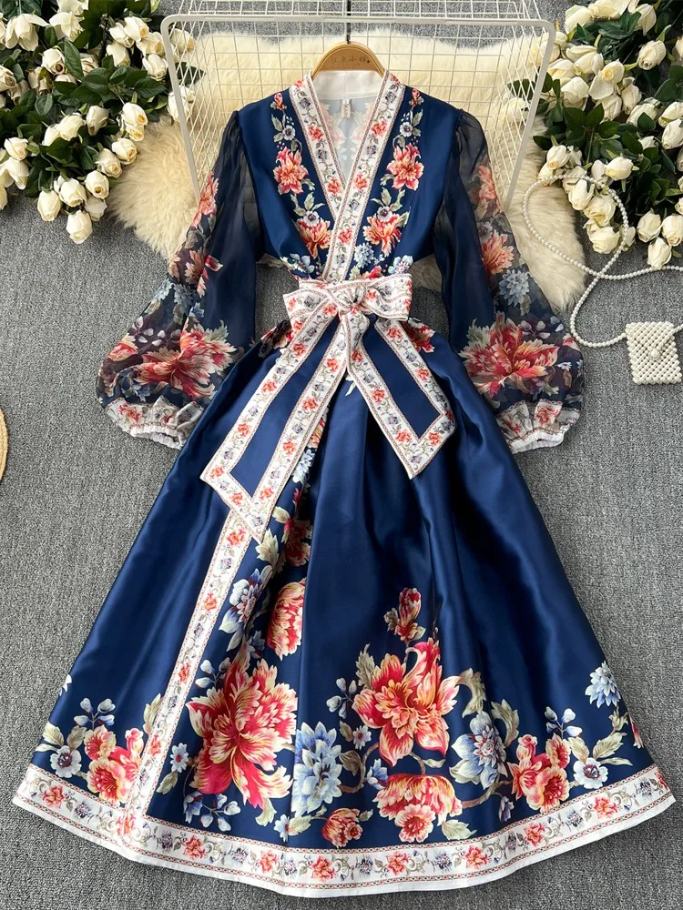 New Vintage Palace Attire Long Party Dress Women Printed Floral Dresses Female Elegant Shirt Long Robe Casual Holiday Vestidos