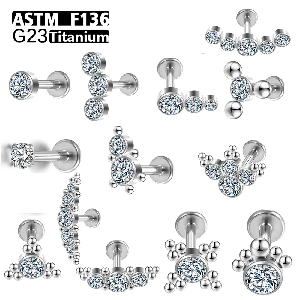 ASTM F136 Titanium Labret Stud Lip Ring Nasal Nail Zircon Ear Stud Cartilage Helix Lobe Conch Earrings Body Piercing Jewelry