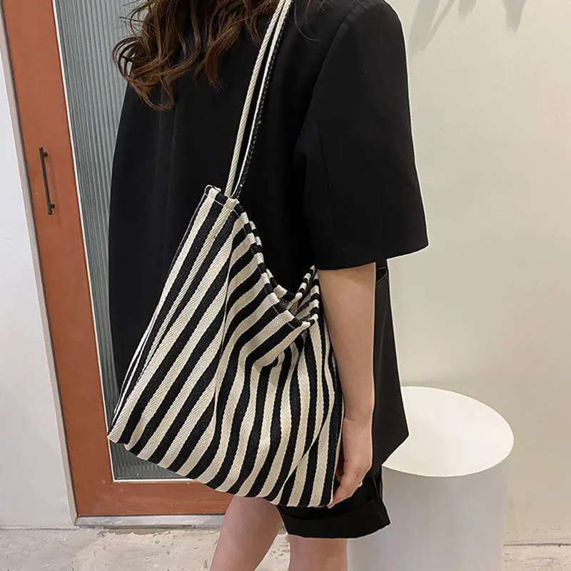Large Capacity Korean Style Stripe Canvas Tote Bag Female Casual Simple Shoulder Bags Shopping Handbag Daily Totes Bag