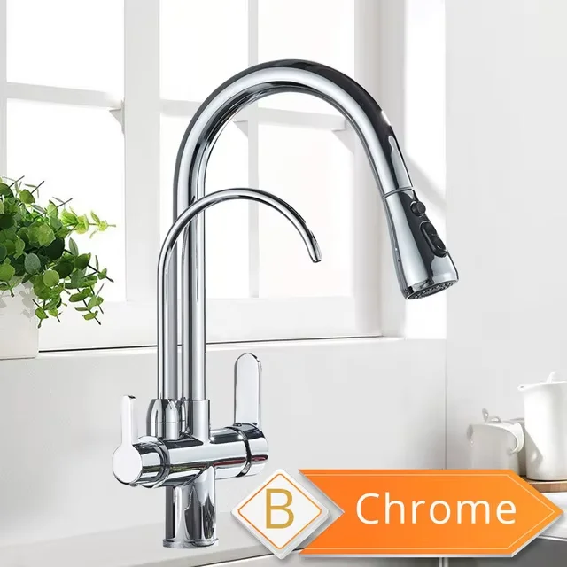 Wasserfilter-Küchenarmatur Schwarz 360° Drehbar mit Ausziehbarer Brause 3-Wege-Mischbatterie für Heiß- und Kaltwasser