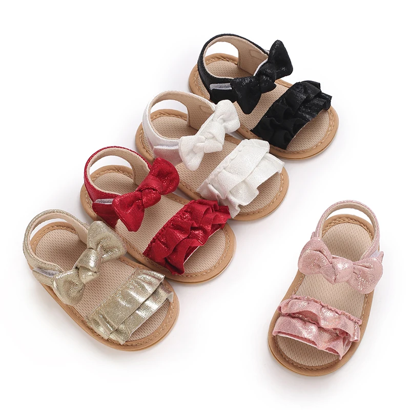 

Infant Baby Pre-walker Shoes 0-18 Months, Summer Shiny Ruffle Bow Decor Sandals, Adjustable Back Strap Casual Shoes for Girls