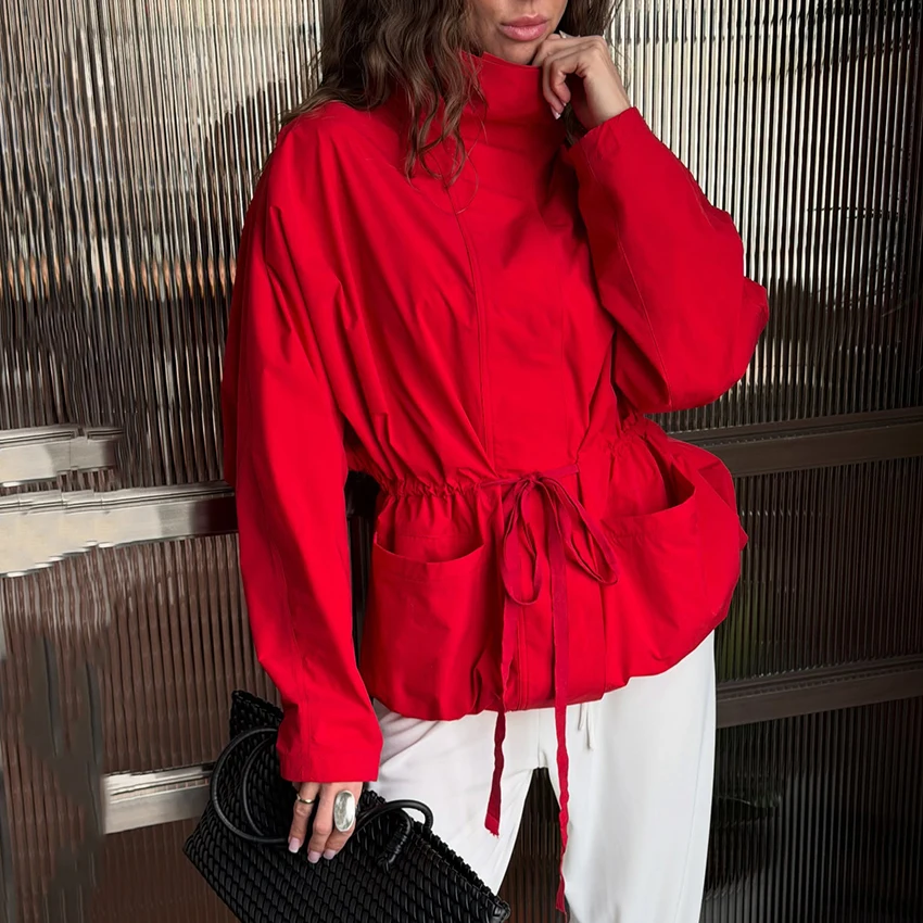 Linad Street Chic Red Slim Stand Collar Jackets Female 2026 Drawstring Coats With Pockets Autumn Casual Long Sleeve Outerwear