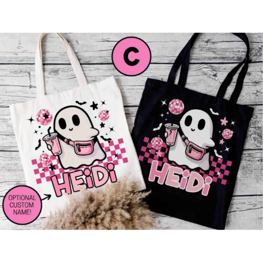 حقيبة خدعة أو حلوى مخصصة مع شبح وردي لطيف، هدية مخصصة للهالوين، حقيبة الهالوين للأطفال خدعة اسم مخصص