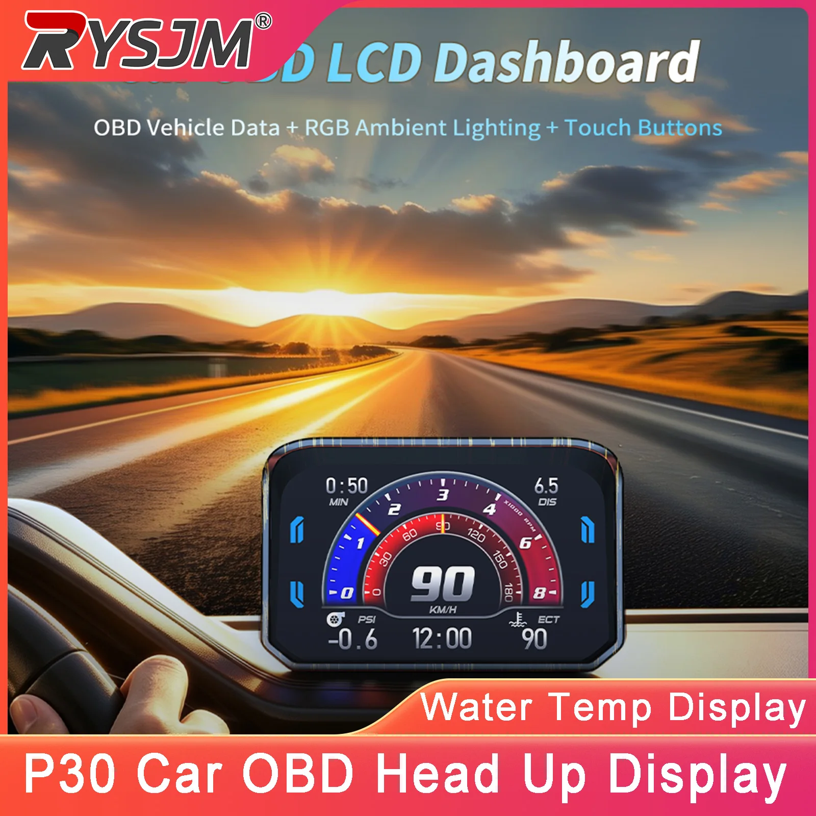 P30 Car OBD2 HUD Digital Meter Water Temp RPM Tachometer Fuel Speed Gauge OBD2 Head Up Display HUD Car Speedometer