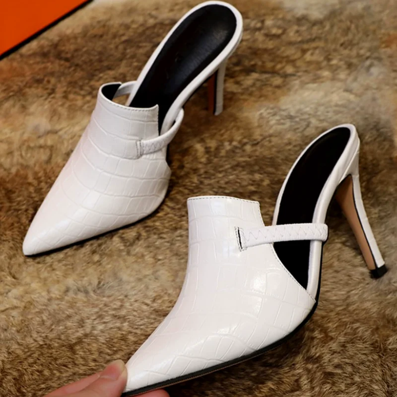 

Sexy Snakeskin Printed Leather Pointed Toe High Heel Mules Shoes White Black Slip On Cover Heels Female Dress Shoes