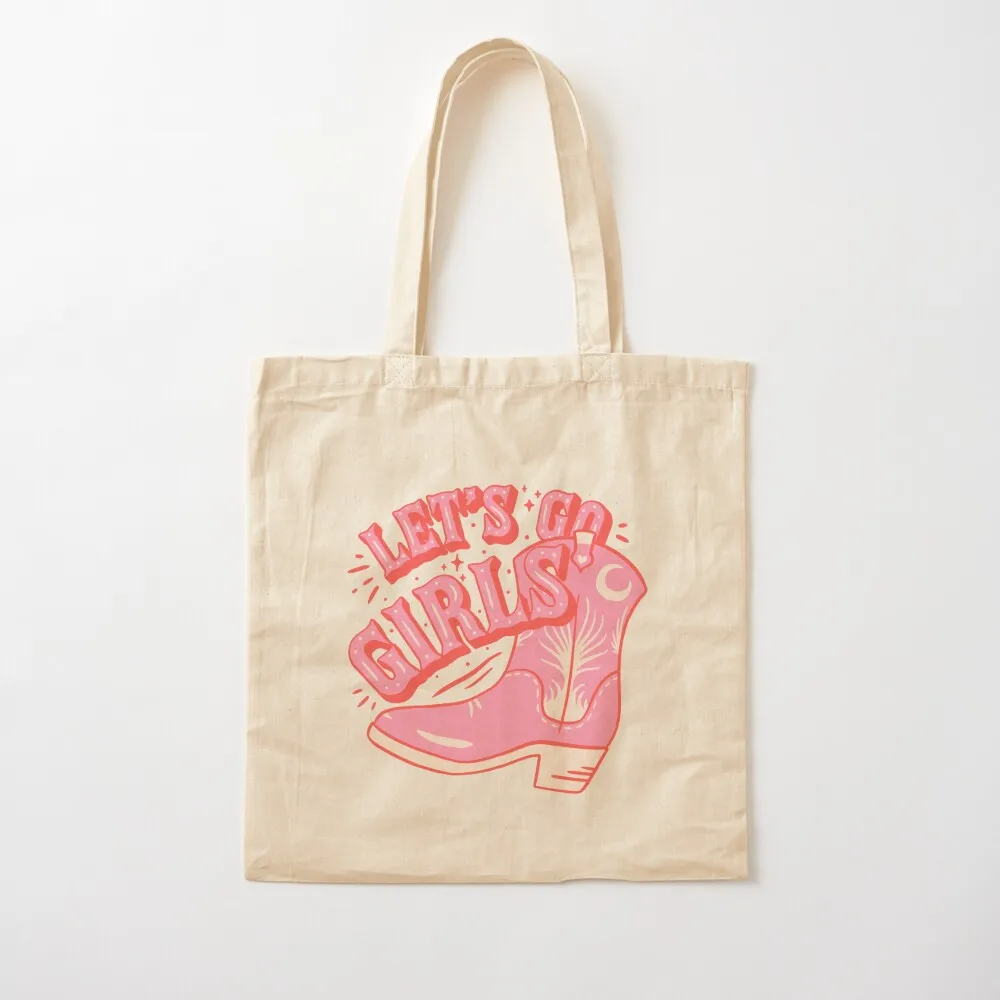 

Let's Go Girls Pink Cowboy Cowgirl Rodeo Boot Preppy Aesthetic Bachelorette Party HOWDY Y'ALL White Background Tote Bag