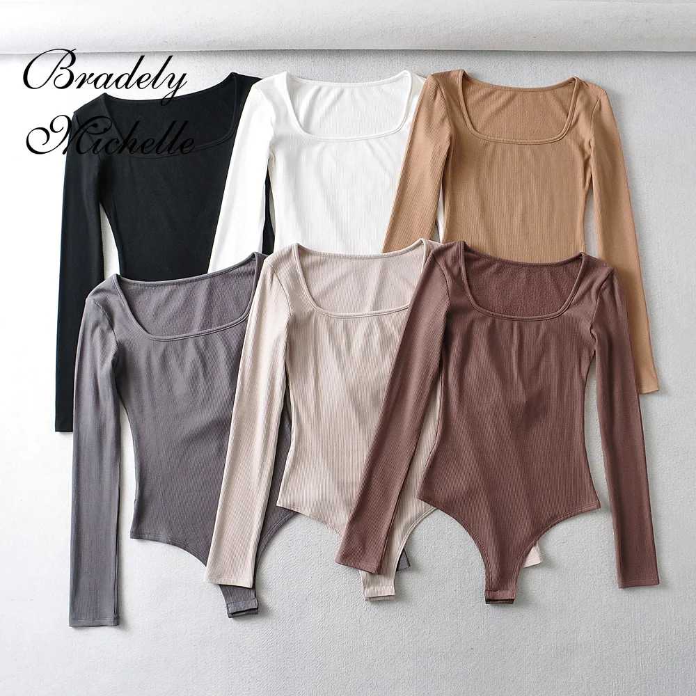 BRADELY MICHELLE Sexy Outfits for Woman Bodysuits Solid Slim Long Sleeve Square Neck Autumn Velvet Knit Bodysuits