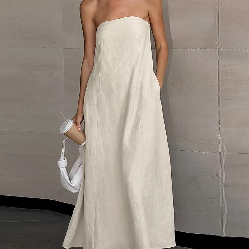 Französisch-Stil frauen Baumwolle-Leinen Trägerlosen Kleid Chic Neue Einfarbig Off-Schulter Backless Sexy Casual Sommer kleider Vestido – Detail 6