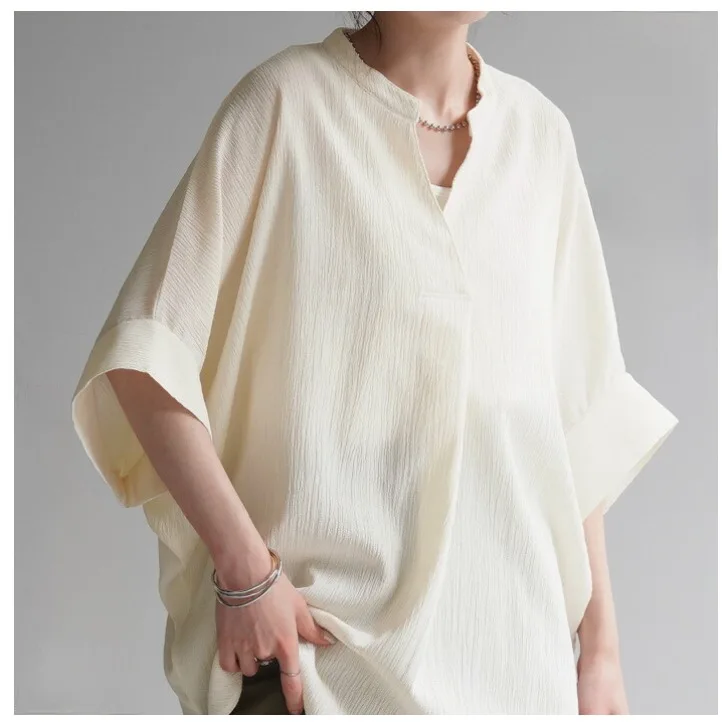 

Loose Midi Pure Color Shirt V-Neck White Collar Fashionable Women's Shirt Comfortable Polyester Fiber Short Sleeve Top