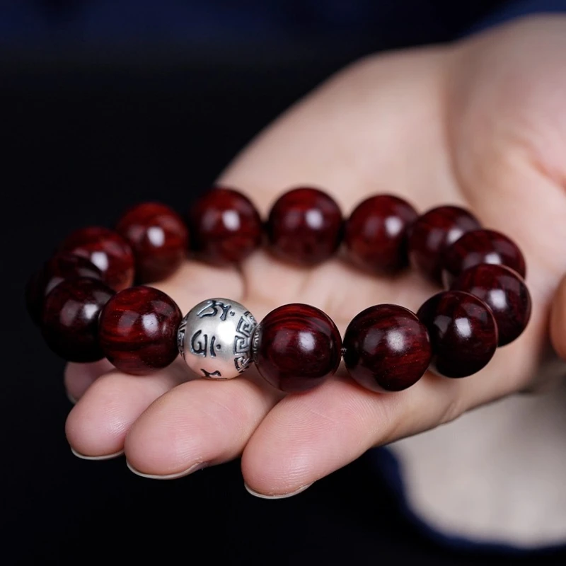 

Indian Small Leaf Red Sandalwood Bracelet Buddha Beads Six-Word Mantra Pure Silver Fortune Beads Sandalwood Bracelet