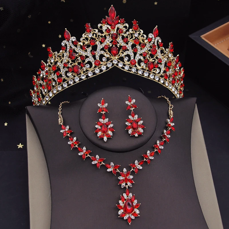 Princess Red Tiaras Bridal Jewelry Sets for Women Choker Necklace Earring Set Wedding Dress Crown Bride Evening Accessories