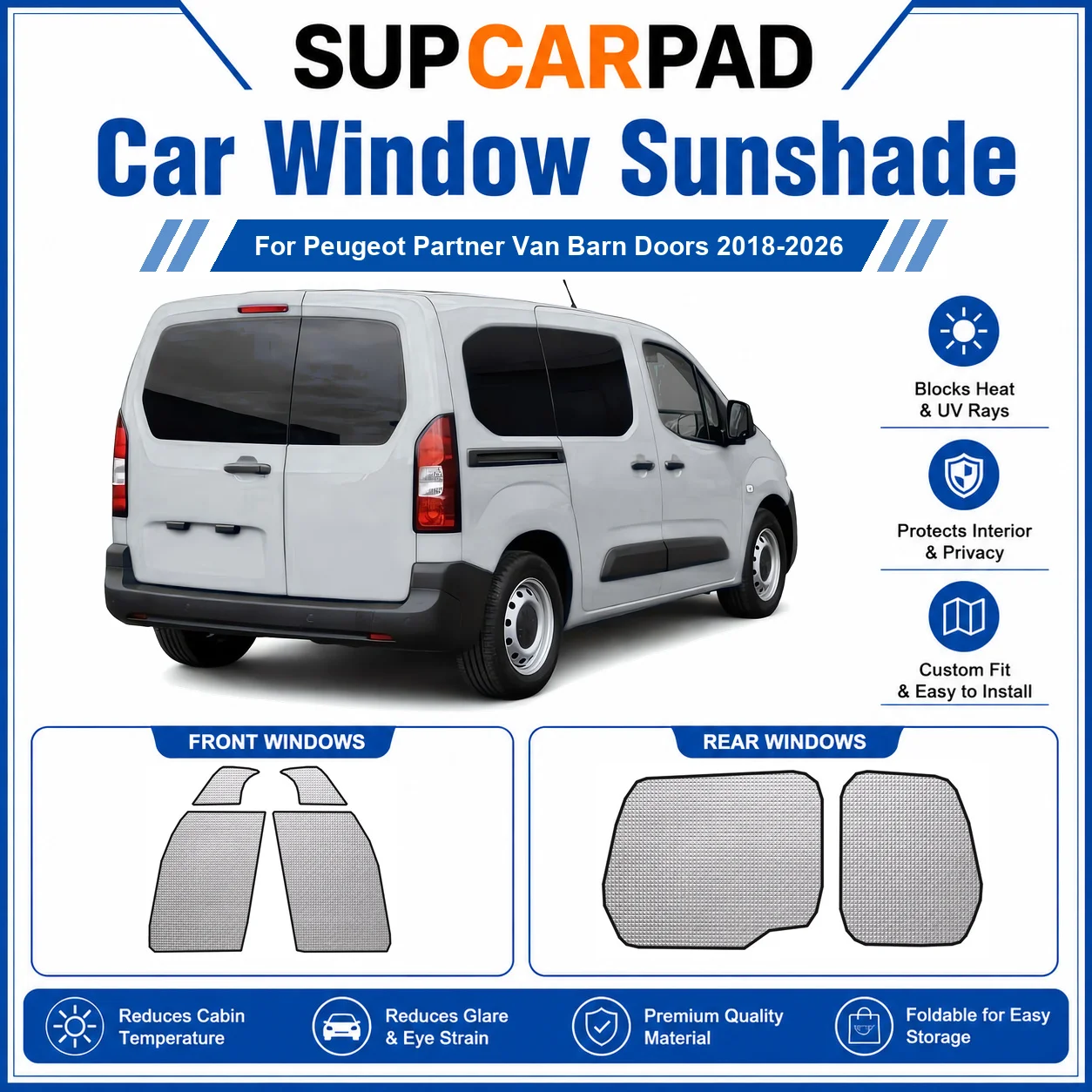 For Peugeot - Peugeot Partner Van Barn Doors 2018-2026 Full Set Car Window Sunshades UV Block Privacy Heat Insulated Foldable Ca