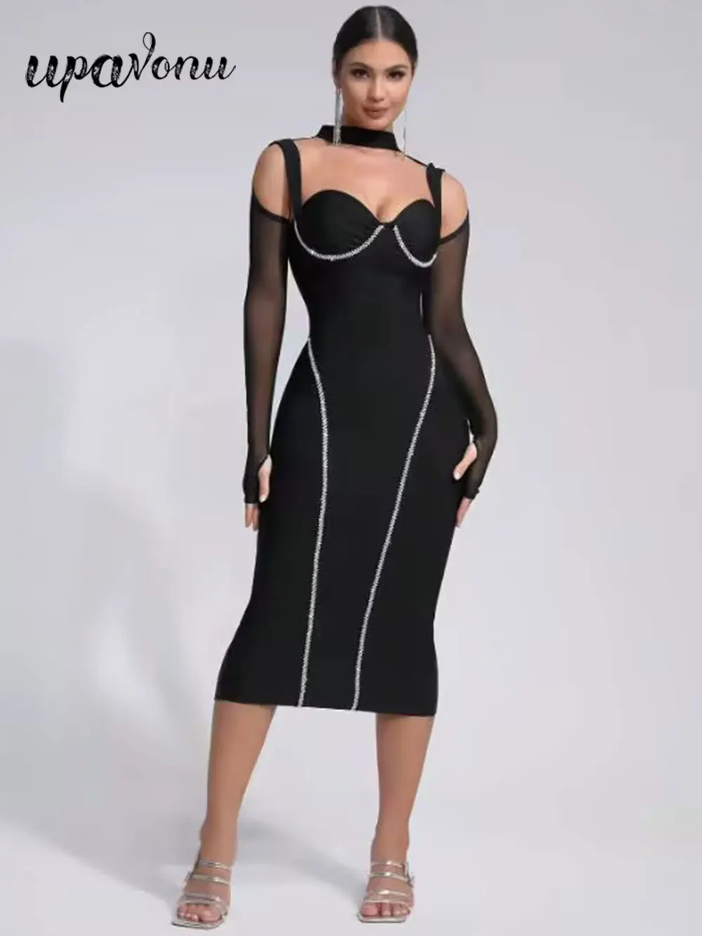 2025 Sexy Women's Light Luxury Nail Diamond Bandage Dress O-neck Long Sleeve Hollow Design Bodycon Midi Dress Party Vestidos