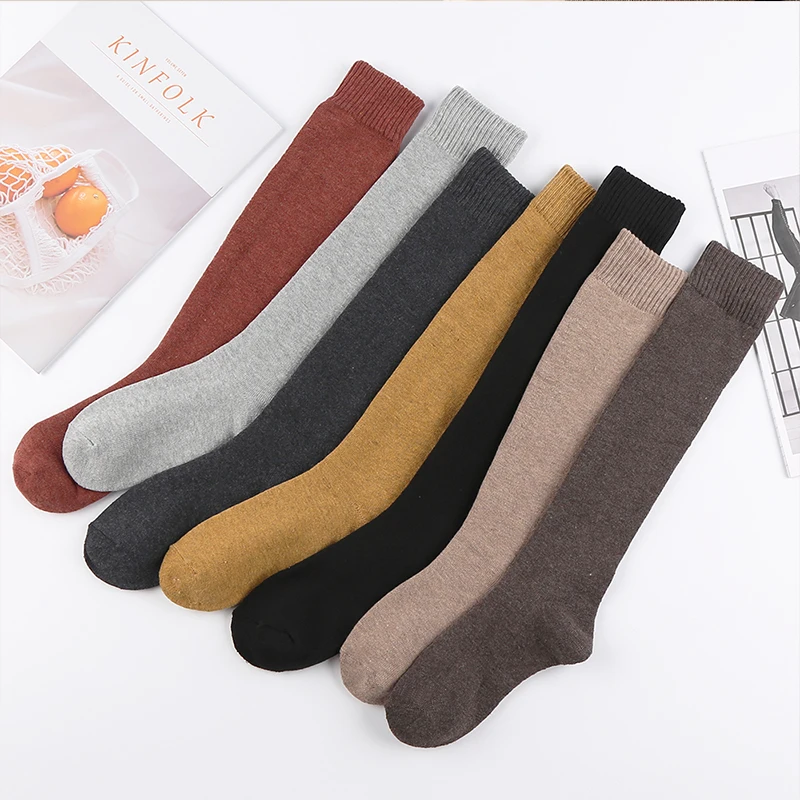 Socks women\'s Winter Warm Long Stockings Thick Thermal Cotton Terry Solid Harajuku Breathable Thicken Casual Knee High Socks