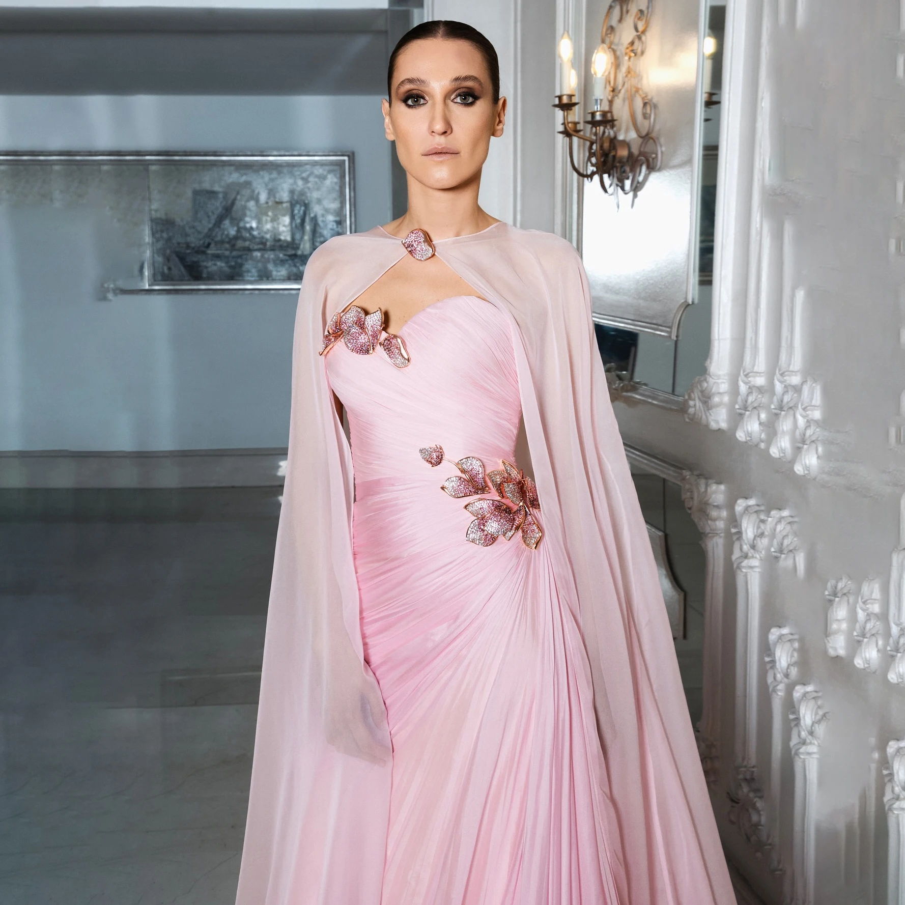 

Шарон Саид Вечернее платье русалки с накидкой Элегантное драпированное бисером Скромные женские свадебные платья SF223 по индивидуальному заказу