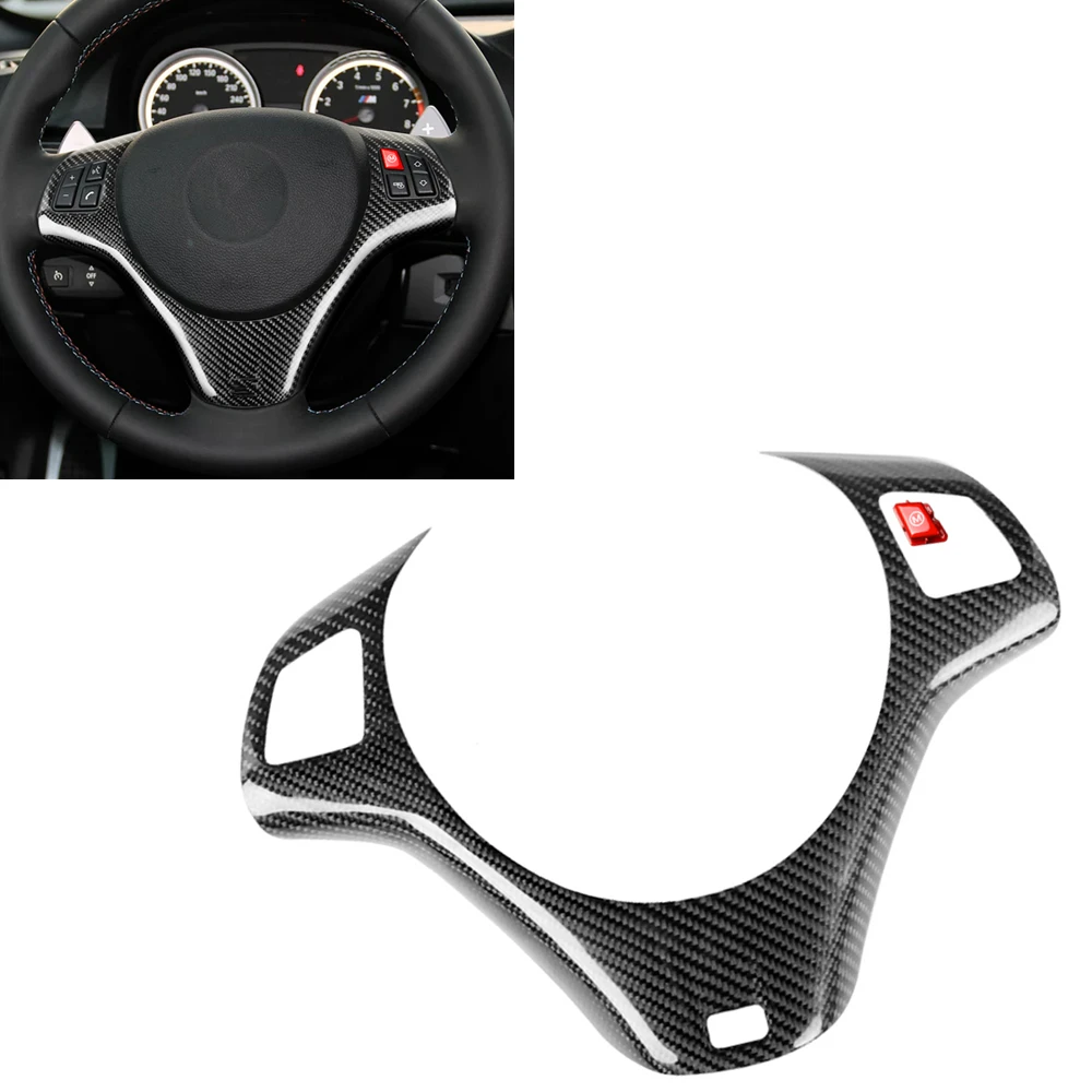 

Carbon Fiber Car Steering Wheel Panel W/ Hole Trim Cover Sticker + Red Button Key For BMW 3 Series M3 M Sport 2007-2013