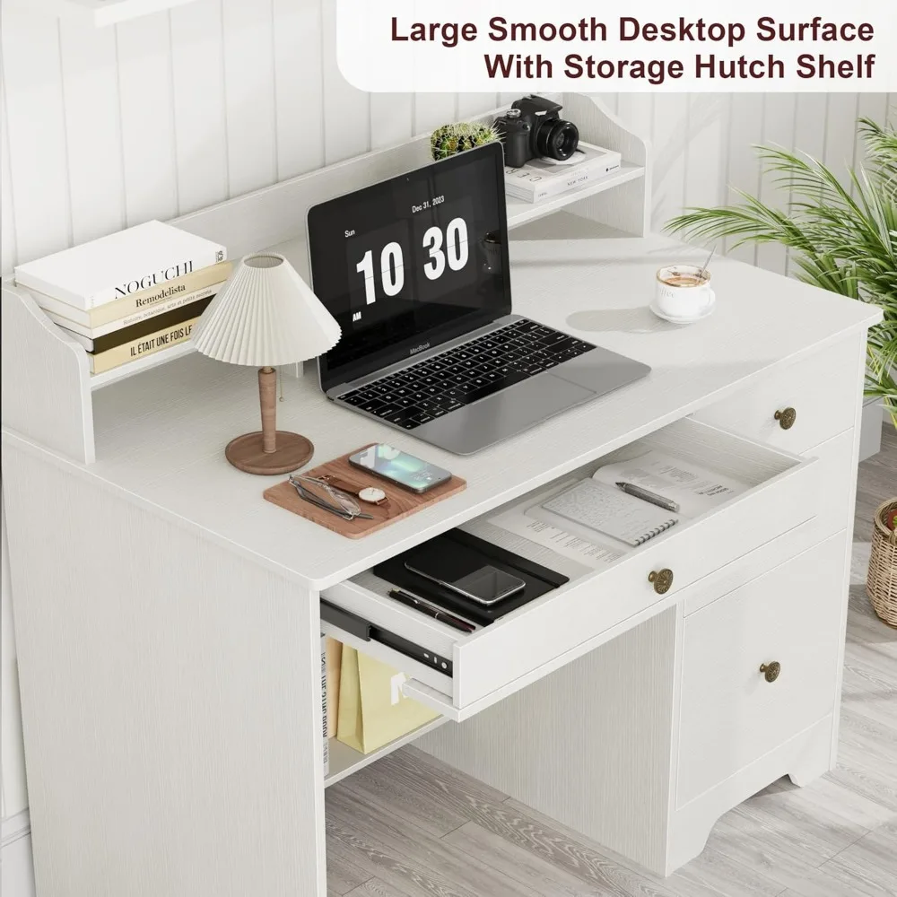 Computer Desk with Drawers and Hutch Shelf, Wood Executive Desk Writing Study Table with 43” Wide Tabletop, Small Desk wi