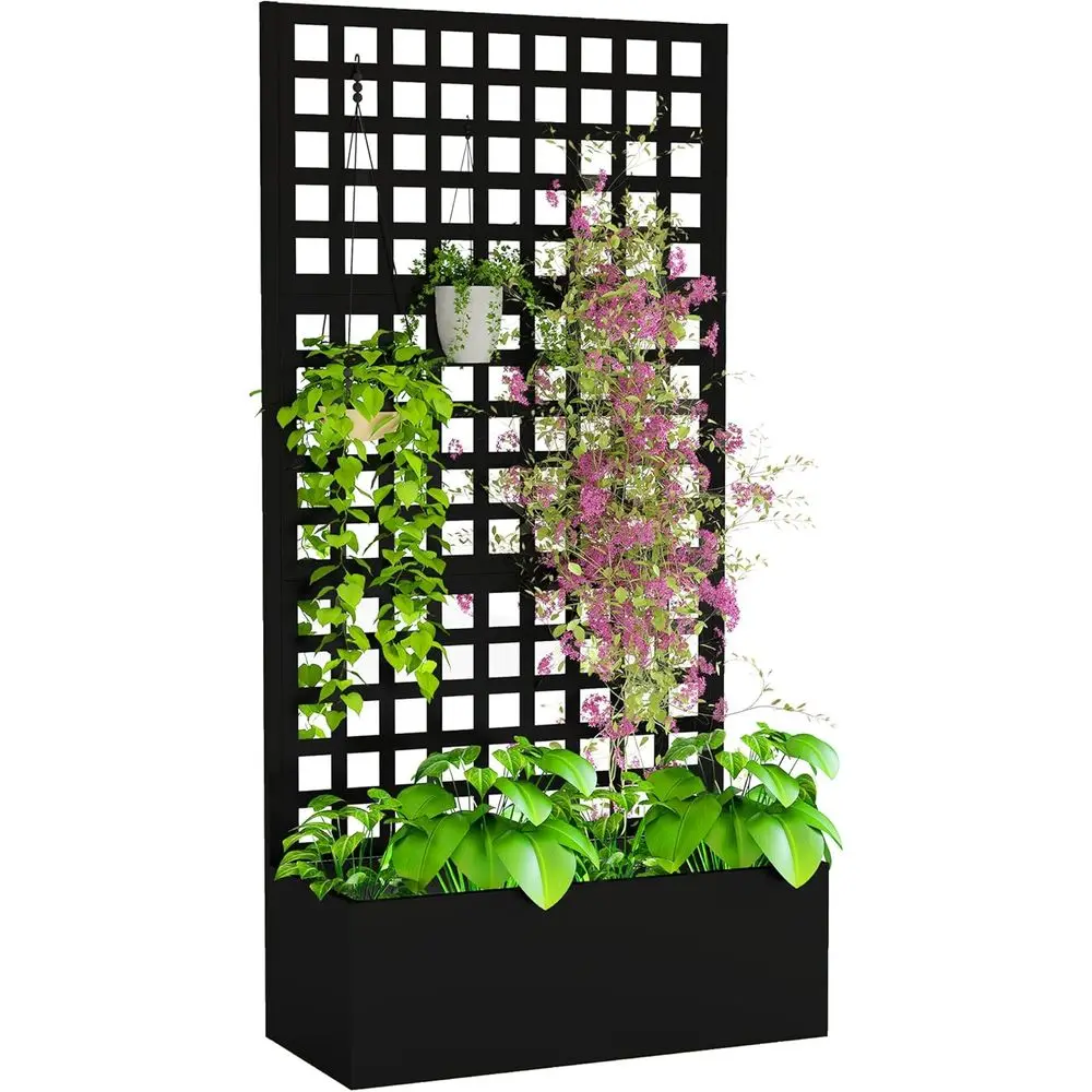 Raised Garden Bed with Trellis, Metal Planter Box, Drainage Holes, Outdoor Privacy, Suitable for Climbing Plants, Vegetables, Vi