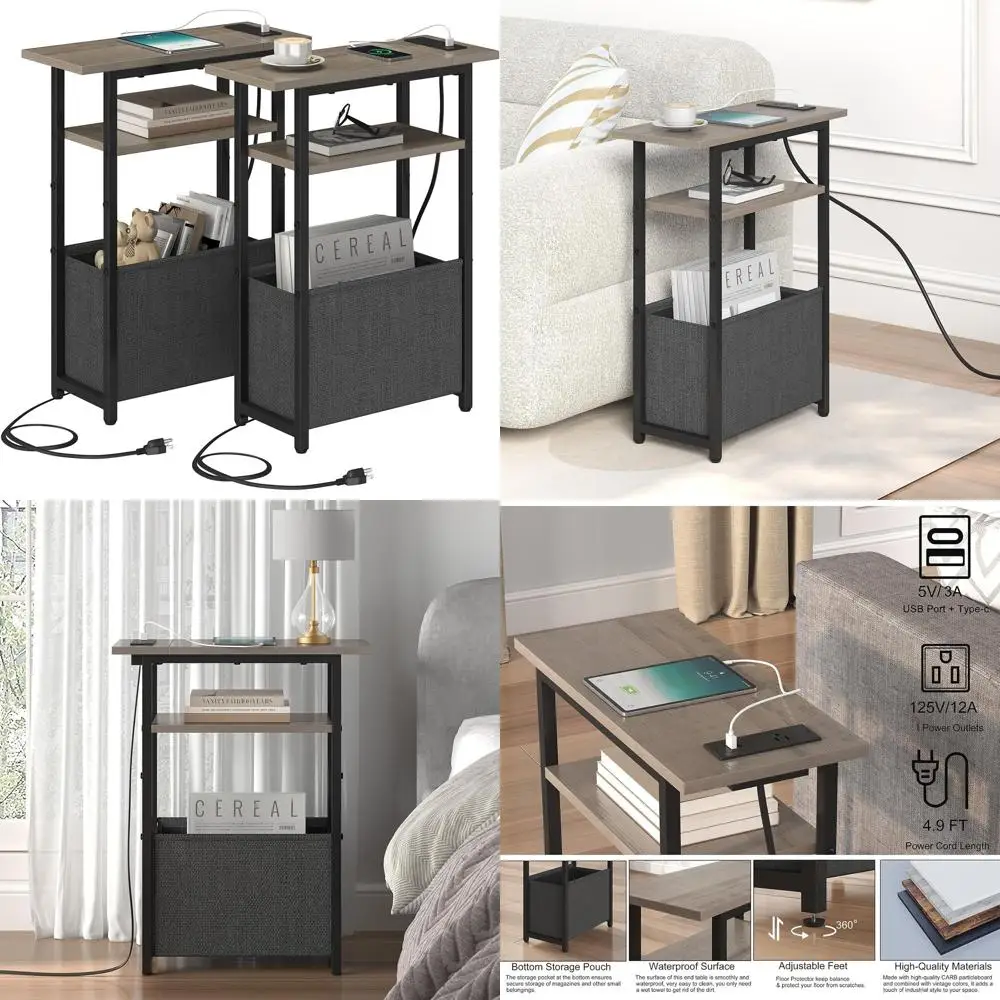 

Набор из 2-х узких прикроватных тумбочек с зарядной станцией и корзиной для хранения, для компактных помещений, 3-ярусные прикроватные тумбочки, серый цвет