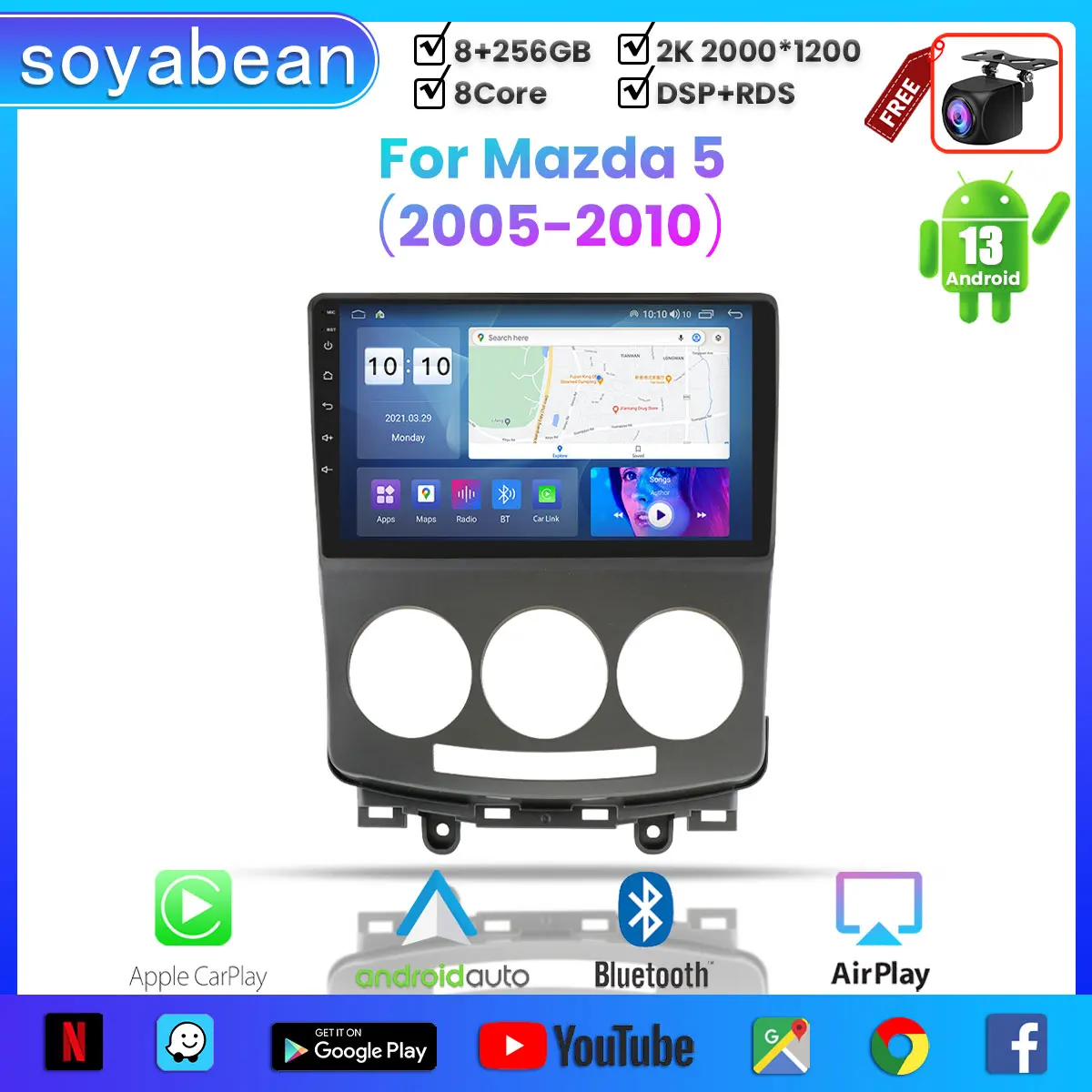 

Android 13 Car Radio for Mazda 5 2005-2010, 9inch Multimedia Player with 4G WiFi Car Carplay & 2Din GPS Navigation.