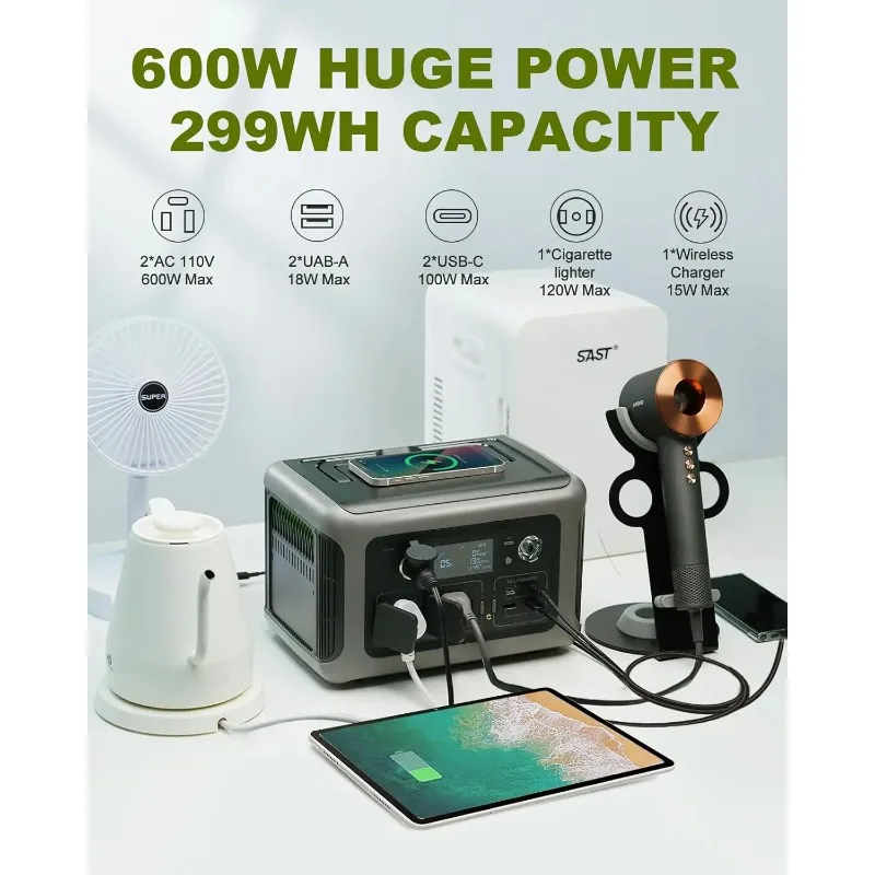 R600 Powerstation With Solarpanel 100W , LiFePO4 Battery 299Wh Camping Generator 600W Power Supply for Home Backup RV
