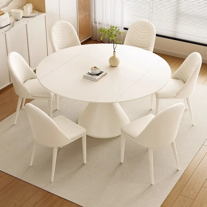 Cream wind rock board dining table and chair combination square and round dual-purpose modern simple household rotating table