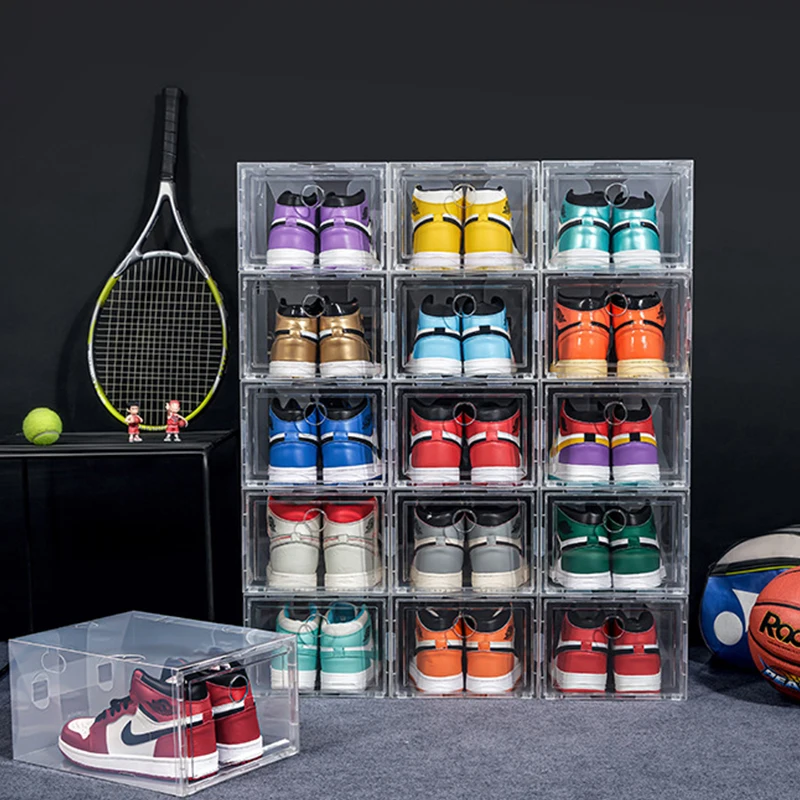 1pcs Transparent Plastic Shoe Storage Boxes Clear Sneakers AJ Display Case High-tops Football Shoe Box Stackable Shoes Cabinet