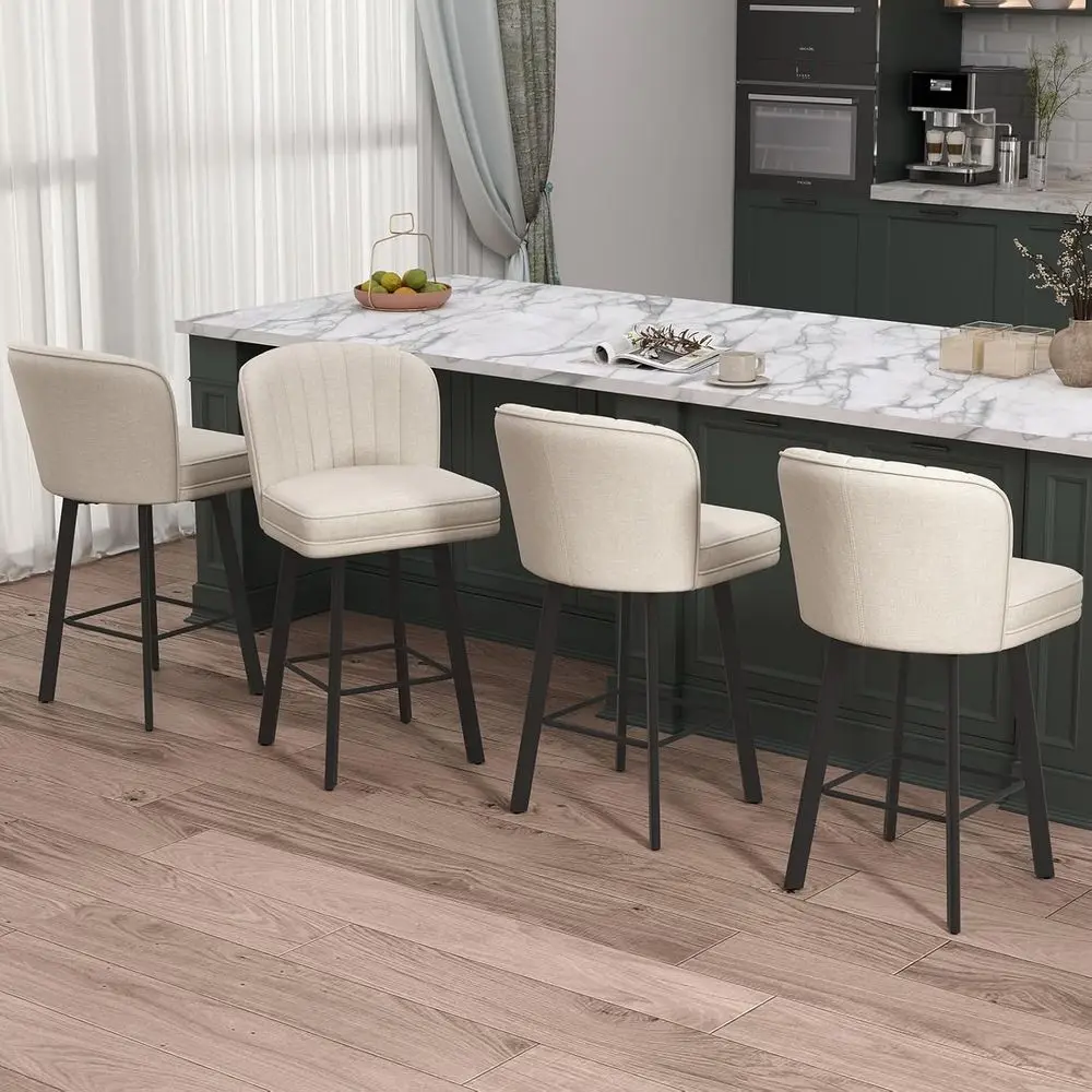 

Set of 4, 26 Counter Height Bar Stools with Backs and Metal Legs, Beige Upholstered Chairs for Kitchen Island