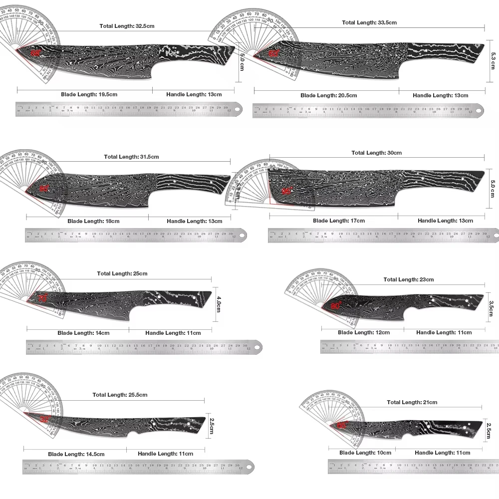 Hand-Forged 67-Layer Damascus Steel Kitchen Knife Blank Black Blade Full Tang Chef's Knife Blank DIY Knife Accessories