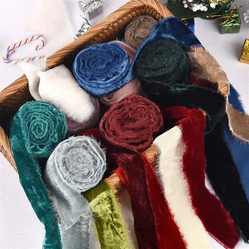 3yards/Roll Thickening Velvet Ribbon Handmade Frayed Edged Ribbons Christmas Party Bouquet Gift Packing Decorations DIY Craft