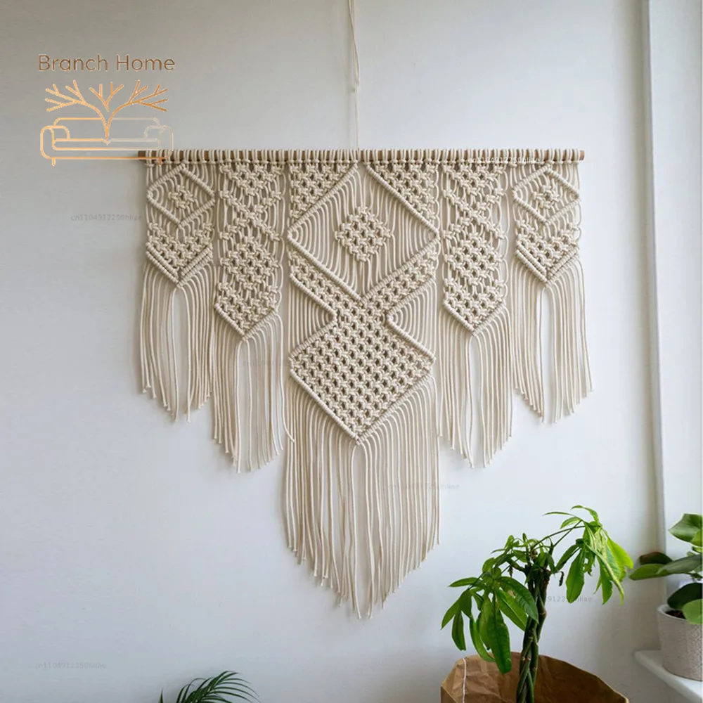 Large Macrame Wall Hanging Tapestry with Wooden Stick Hand-Woven Bohemia Tassel Curtain Tapestry Wedding Backgrou Boho Decor