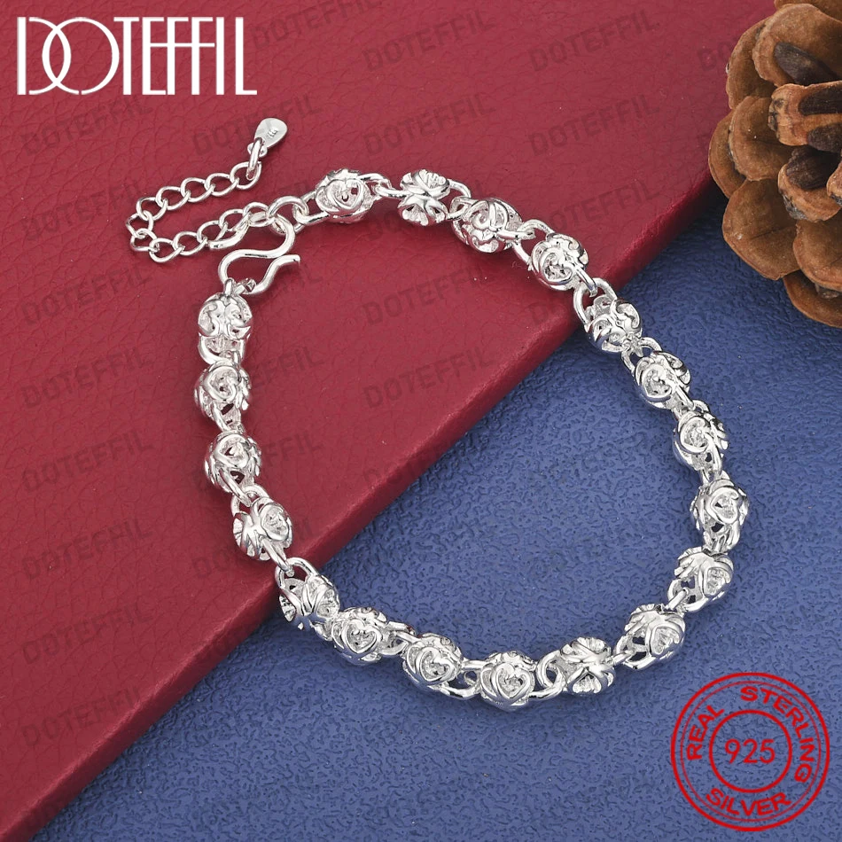 Elegant 925 Sterling Silver 8 Inch Exquisite Three-Dimensional Hollow Rose Bracelet Fashion Women Party Wedding Jewelry