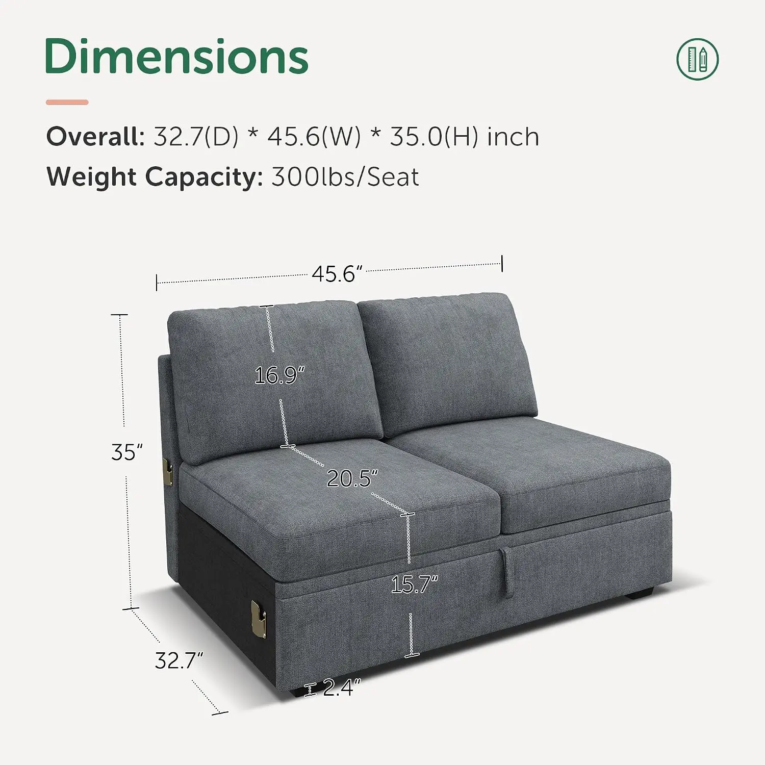 Modular Sectional Couch Storage Loveseat, Double Seat with Storage, Bluish Gray