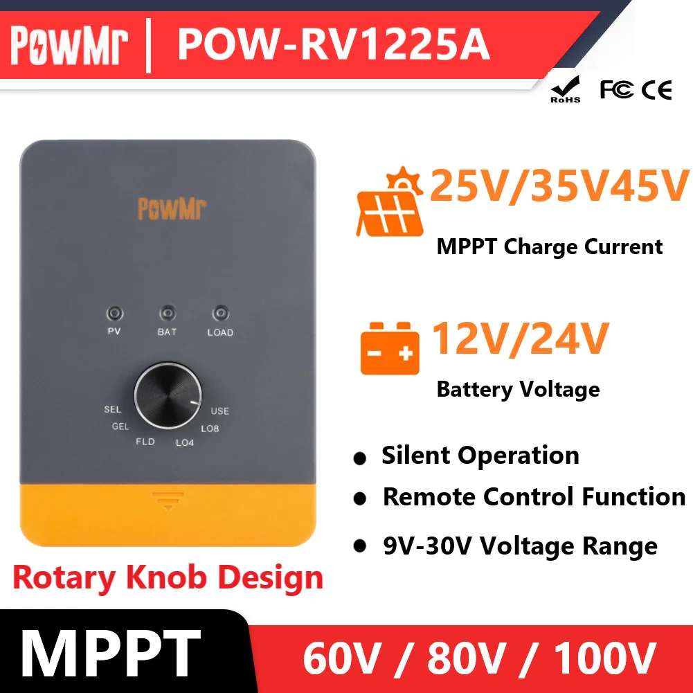 

PowMr MPPT 25A 35A 45A Контроллер заряда солнечной батареи Бесшумная ручка управления Регулятор солнечных панелей 12 В 24 В для литиевой батареи