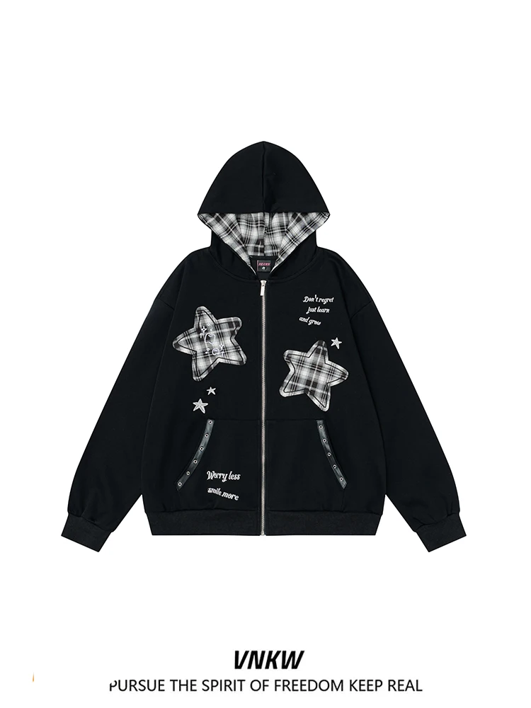 

Американский ретро-худи с клетчатым узором и нашивками, осенне-зимняя свободная универсальная верхняя одежда