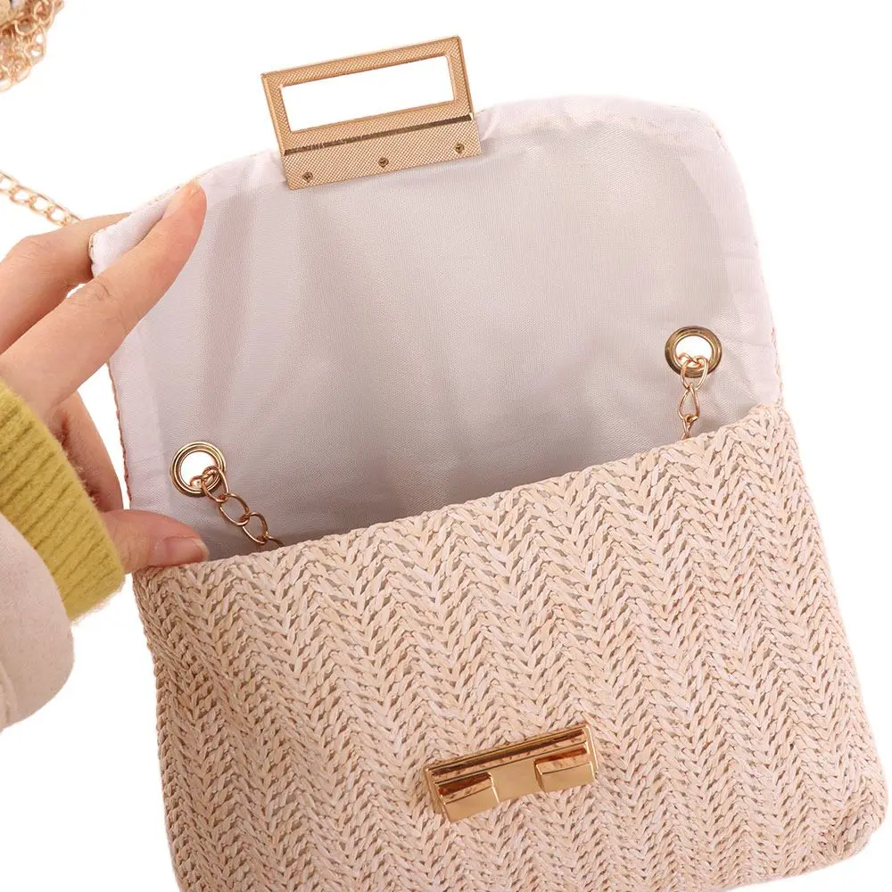 

Elegant Lock Buckle Closed Straw Crossbody Bag Woven Bohemian Small Square Bag Large Capacity Handbag Beach Shoulder Bag Ladies