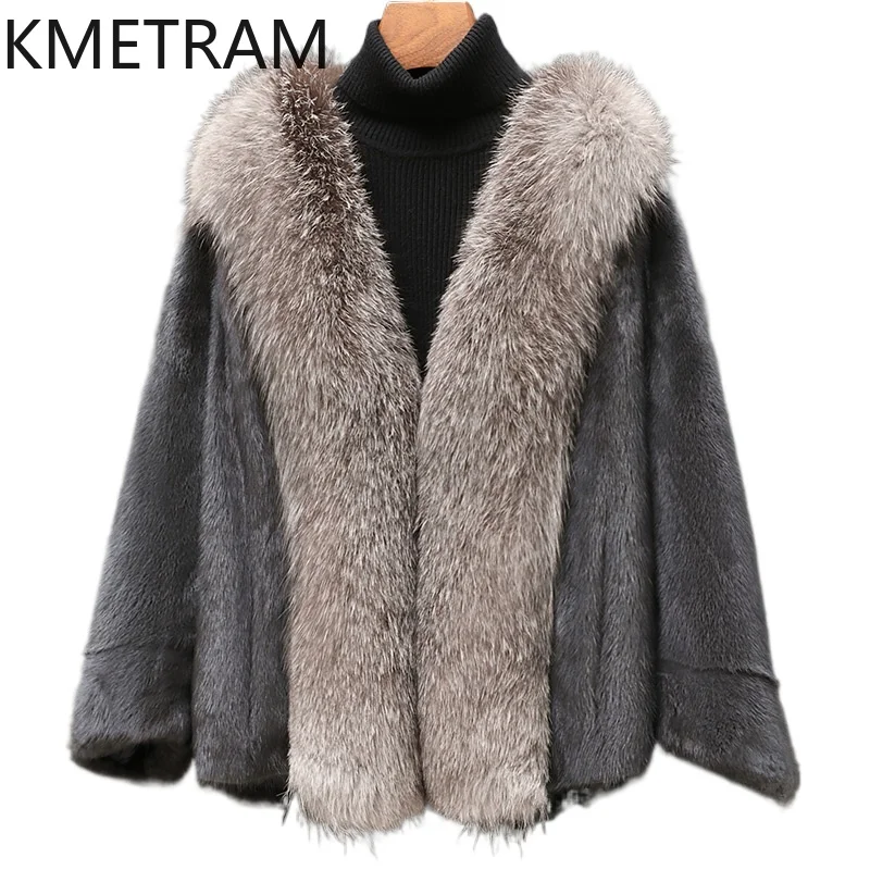 100% chaqueta de piel de visón para mujer, abrigo de piel auténtica con manga de murciélago de lujo, ropa de invierno para mujer, chaquetas peludas, cuello de piel de zorro 2025 шу onder