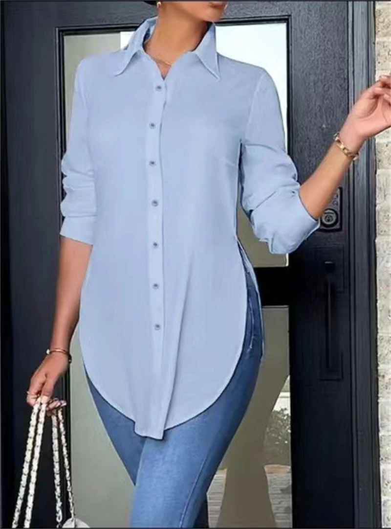 المرأة موضة التلبيب غير المتماثلة هيم الجانب الشق قميص الصلبة مزاجه عادية بأكمام طويلة تنوعا سليم اليومية زر بلوزة
