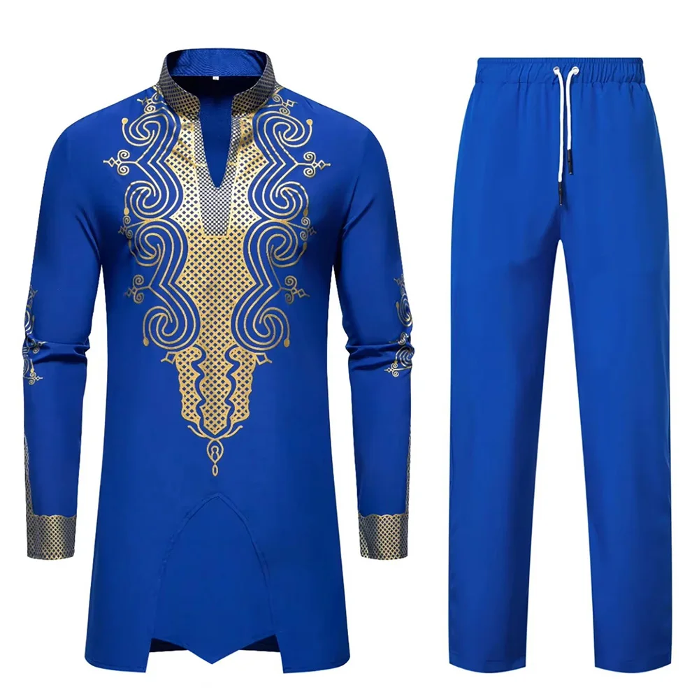 Men's Clothes European and American New Ethnic Style Robe Gold Stamping Printing Set Clothes Shirts and Pants